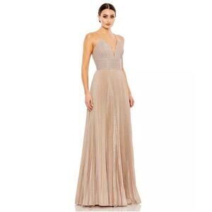 Ieena for Mac Duggal | Rose Gold Shimmer Pleated V-Neck Open Back Gown